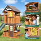 Cedar Wood Swing Set with Wave Slide, Play Kitchen, Rock Wall Ladder, Belt Swings, Toy Telescope, Steering Wheel, Tic-Tac-Toe, Balconies, Outdoor Playhouse Playground Set for Backyard Garden 735W Blower Included