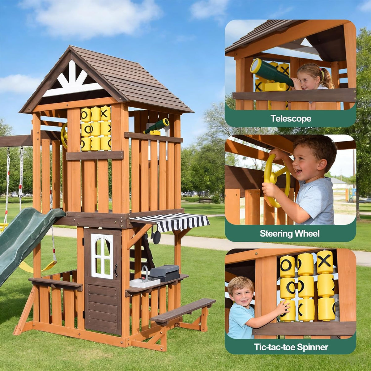 Cedar Wood Swing Set with Wave Slide, Play Kitchen, Rock Wall Ladder, Belt Swings, Toy Telescope, Steering Wheel, Tic-Tac-Toe, Balconies, Outdoor Playhouse Playground Set for Backyard Garden 735W Blower Included