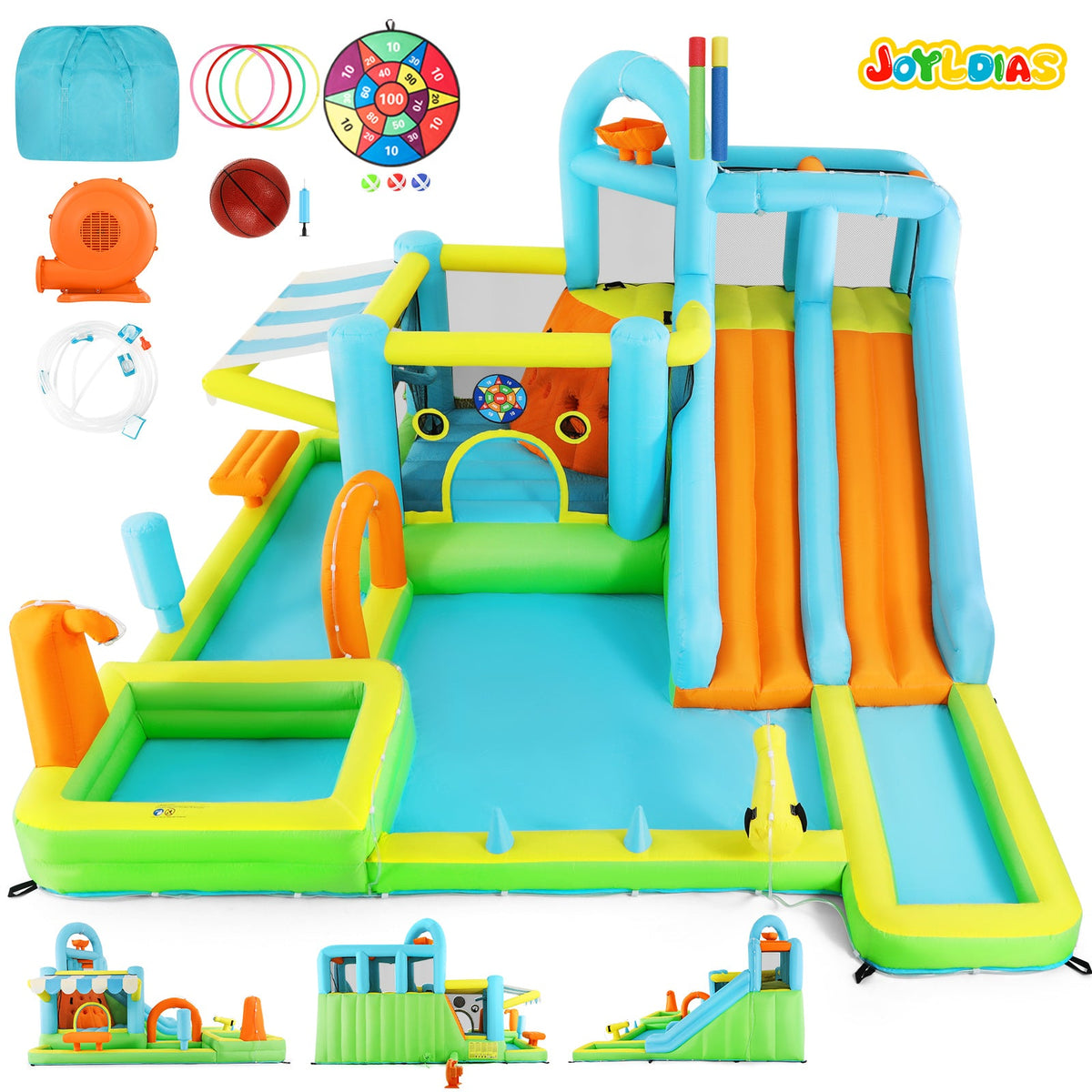 Inflatable Water Slide Bounce House for Kids, Luxury Heavy Duty Blow Up Water Park with Double Slides, Climbing Wall, Splash Pool and Sunshade Awning 735W Blower Included
