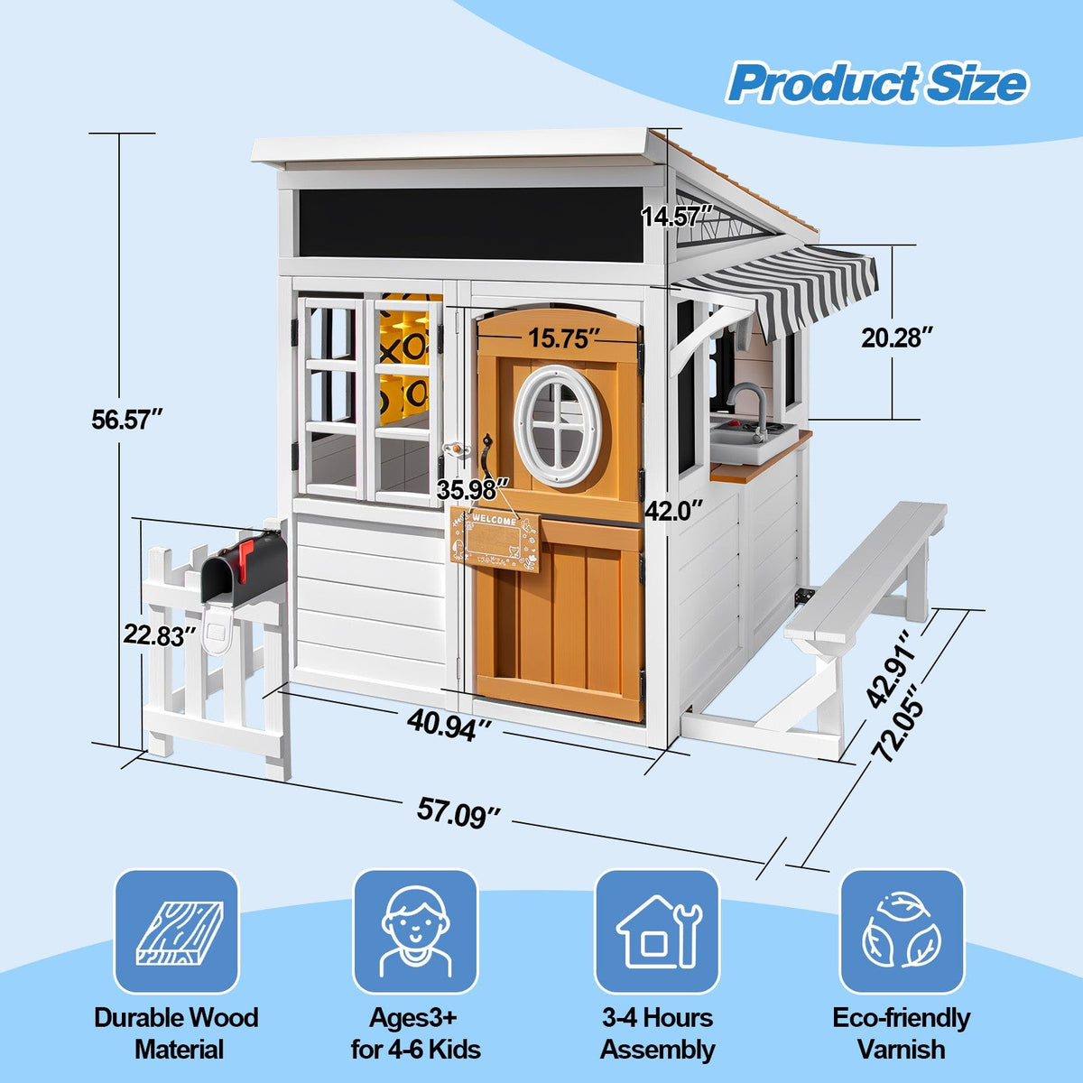 Kids Outdoor Playhouse, Large Cedar Wooden Playhouse with Play Kitchen, Tic-Tac-Toe, Chalkboard, Doorbell, Dutch Door & Pet Door for Backyard & Garden Play