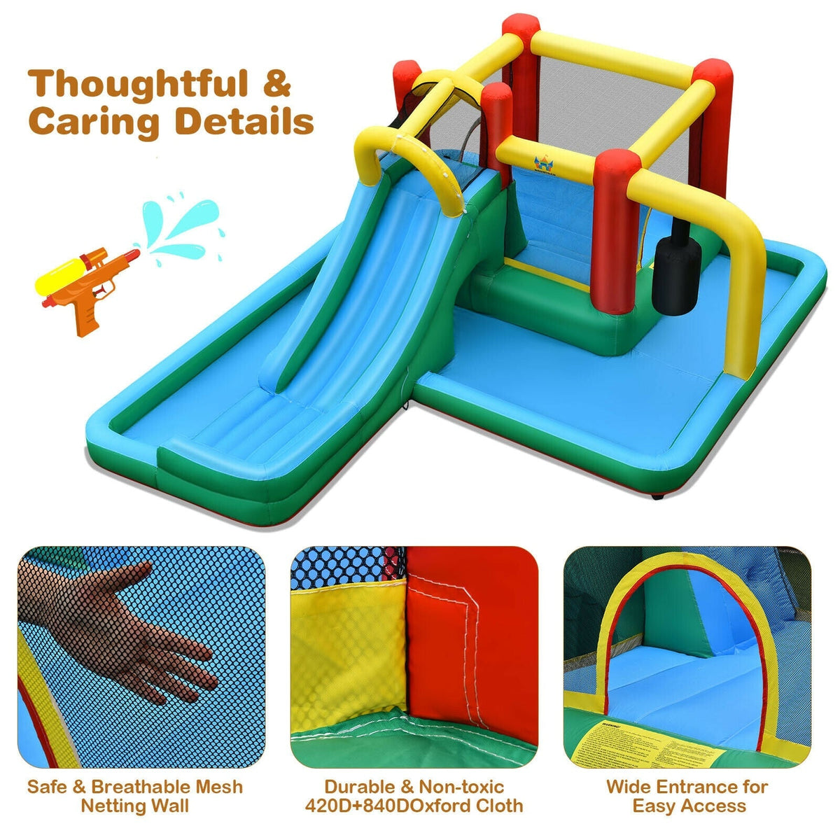 Inflatable Water Slide Climbing Bounce House with Tunnel and 735W Blower Free