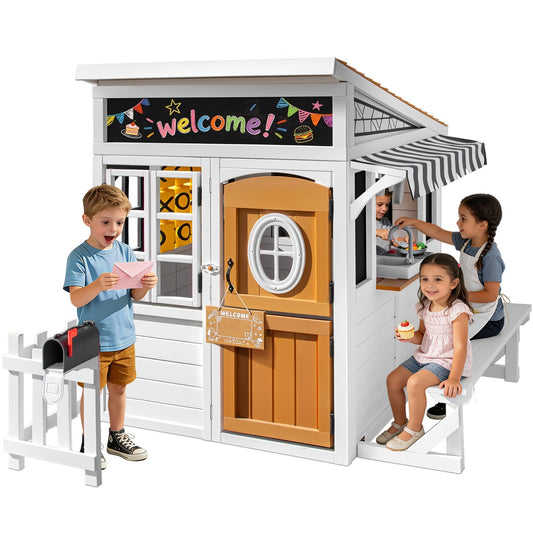 Kids Outdoor Playhouse, Large Cedar Wooden Playhouse with Play Kitchen, Tic-Tac-Toe, Chalkboard, Doorbell, Dutch Door & Pet Door for Backyard & Garden Play