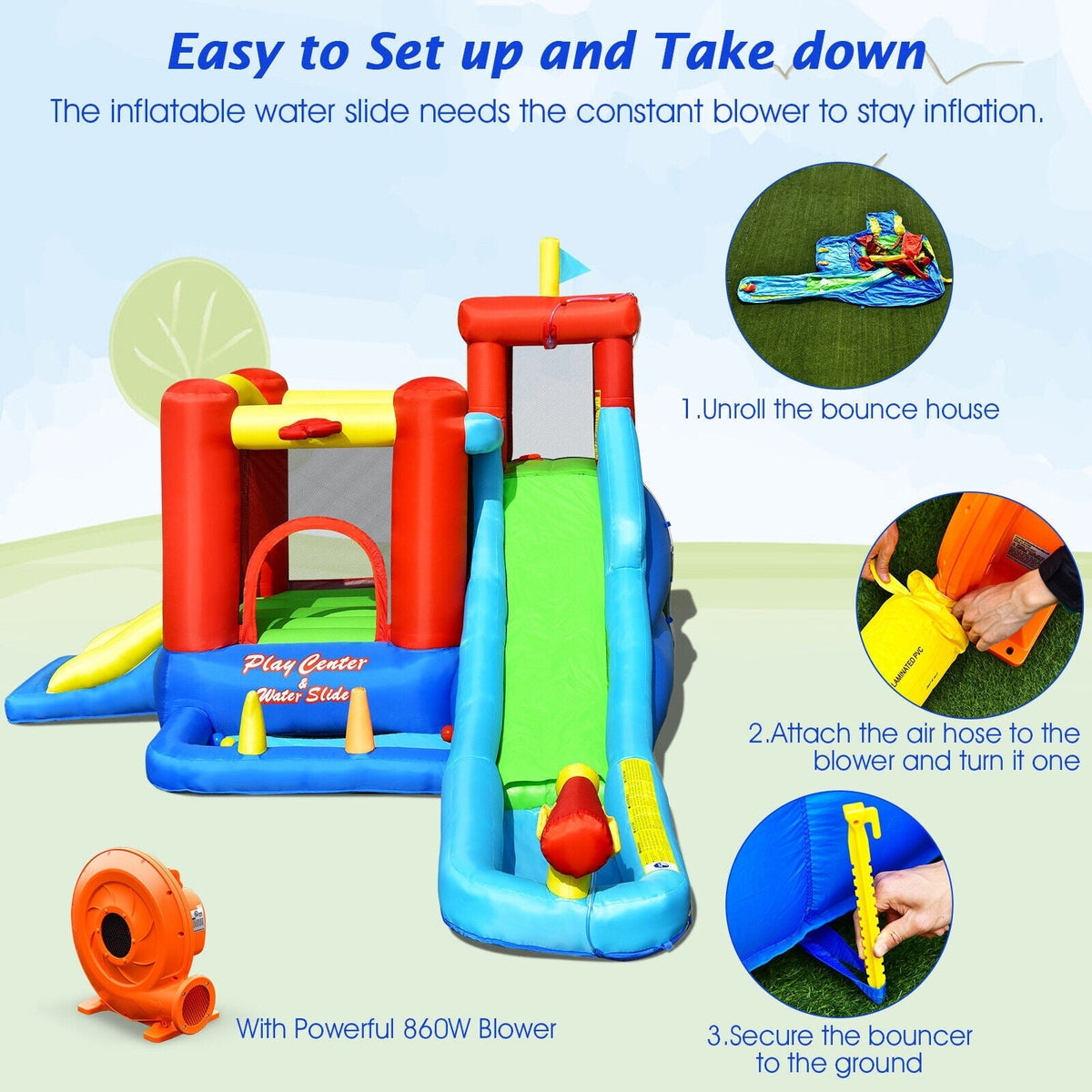 9-in-1 Inflatable Kids Water Slide Bounce House with 860W Blower Free