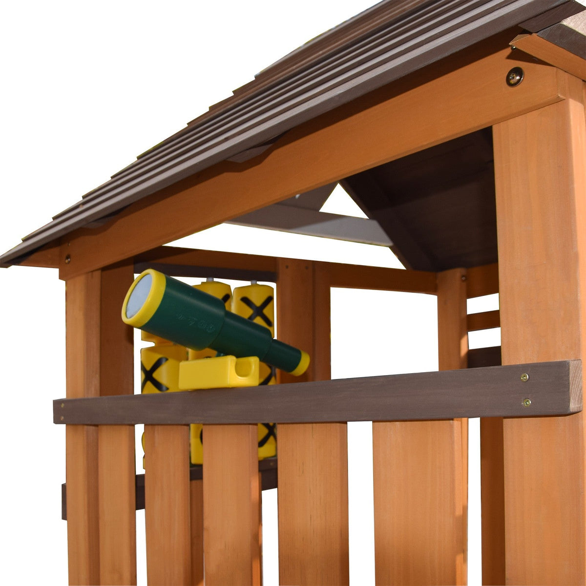 Cedar Wood Swing Set with Wave Slide, Play Kitchen, Rock Wall Ladder, Belt Swings, Toy Telescope, Steering Wheel, Tic-Tac-Toe, Balconies, Outdoor Playhouse Playground Set for Backyard Garden 735W Blower Included