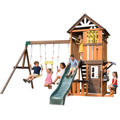 Cedar Wood Swing Set with Wave Slide, Play Kitchen, Rock Wall Ladder, Belt Swings, Toy Telescope, Steering Wheel, Tic-Tac-Toe, Balconies, Outdoor Playhouse Playground Set for Backyard Garden 735W Blower Included