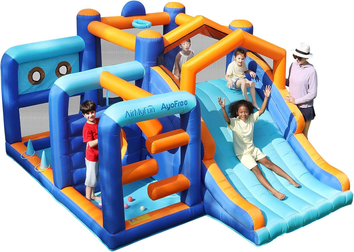 Multi-Activity Inflatable Bouncy Castle with Slide, Ball Pit, Basketball Hoop & Climbing Area – Kids Indoor Outdoor Fun Playset 735W Blower Included