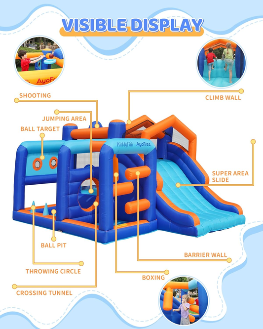Multi-Activity Inflatable Bouncy Castle with Slide, Ball Pit, Basketball Hoop & Climbing Area – Kids Indoor Outdoor Fun Playset 735W Blower Included