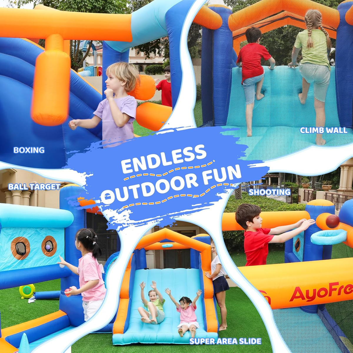 Multi-Activity Inflatable Bouncy Castle with Slide, Ball Pit, Basketball Hoop & Climbing Area – Kids Indoor Outdoor Fun Playset 735W Blower Included