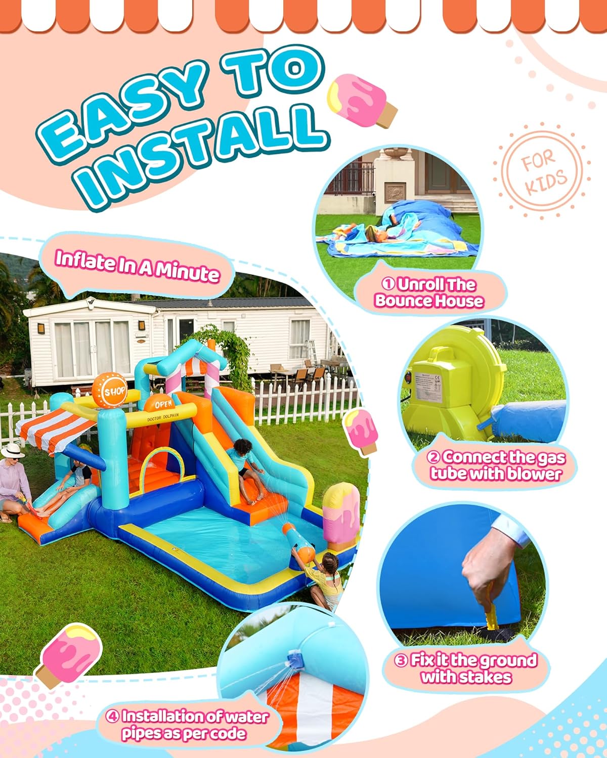 Candy House Inflatable Water Park for Kids with Slide, Pool & Water Cannon 735W Blower Included