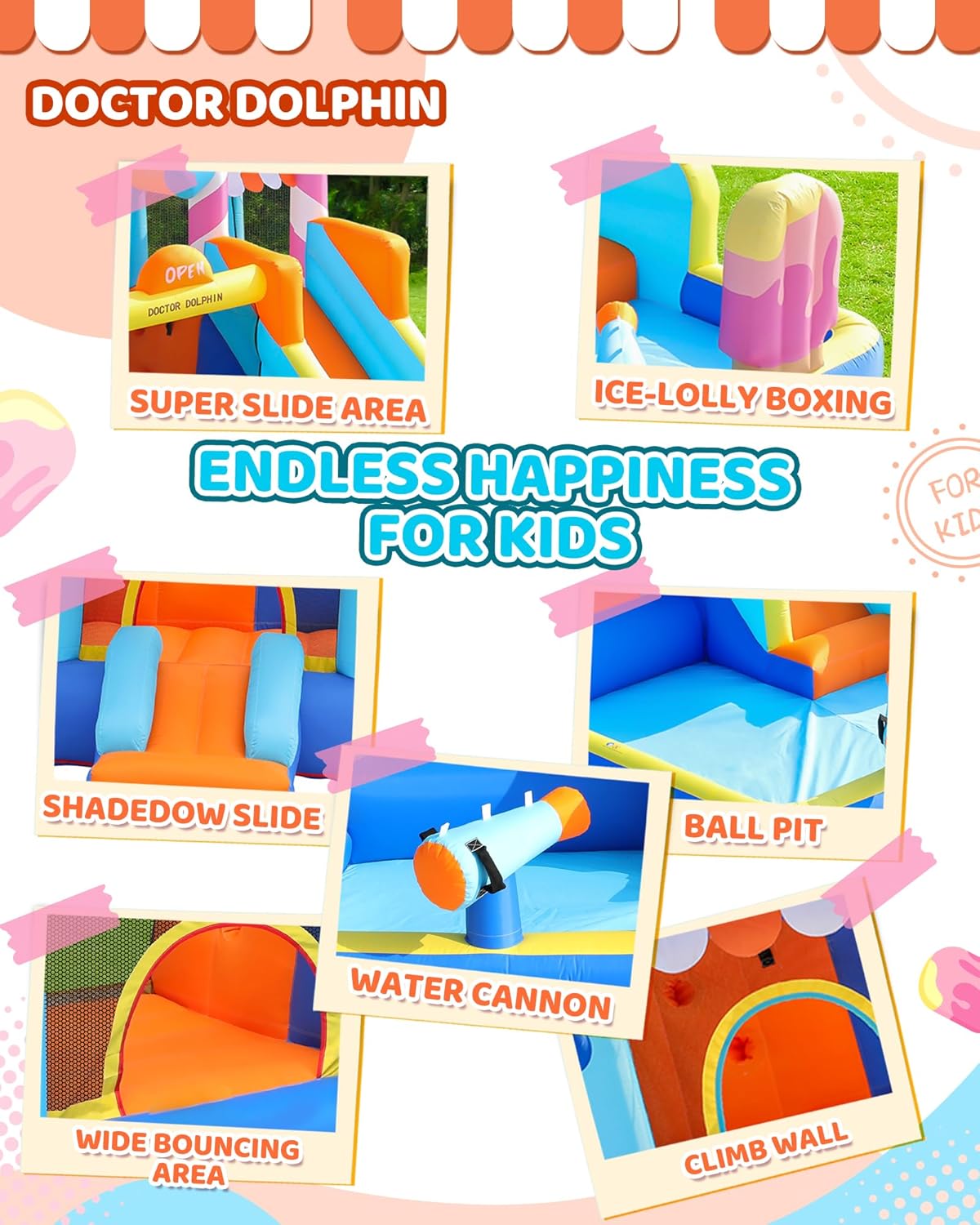 Candy House Inflatable Water Park for Kids with Slide, Pool & Water Cannon 735W Blower Included