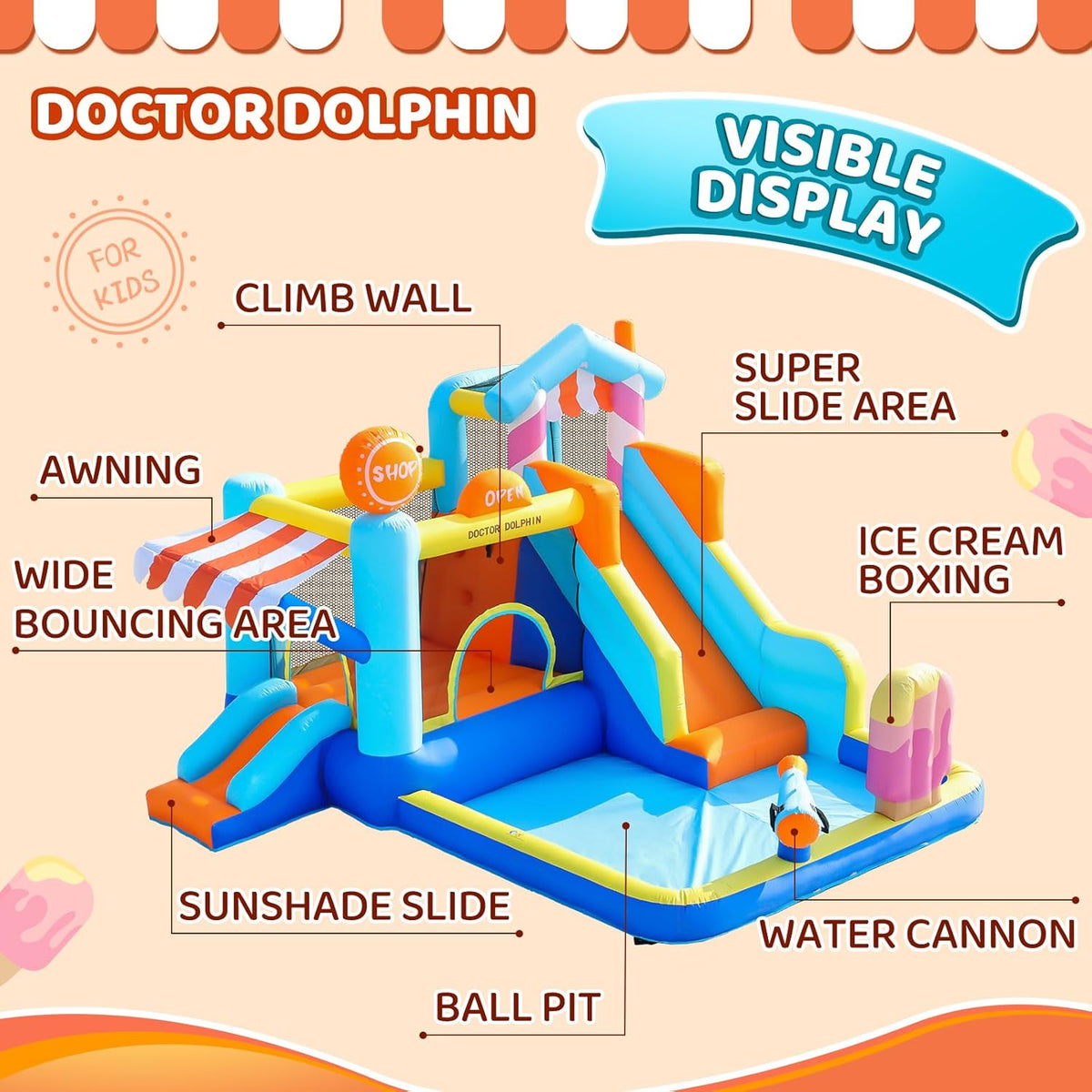 Candy House Inflatable Water Park for Kids with Slide, Pool & Water Cannon 735W Blower Included