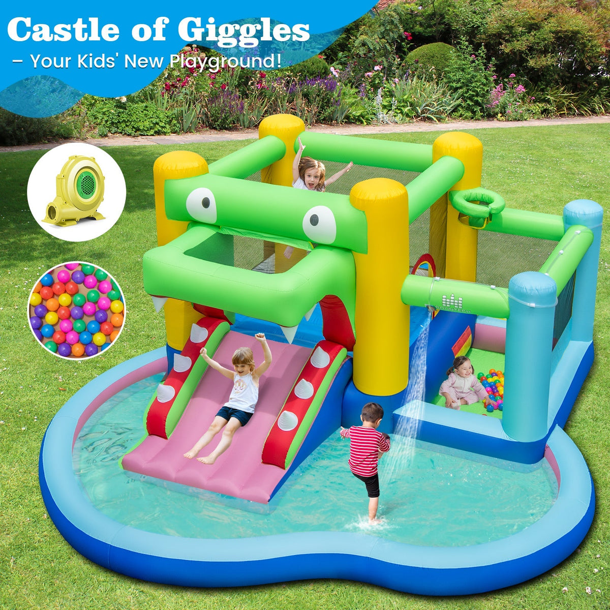 Inflatable Bounce House with Slide and Splash Pooland and 680W Blower Free