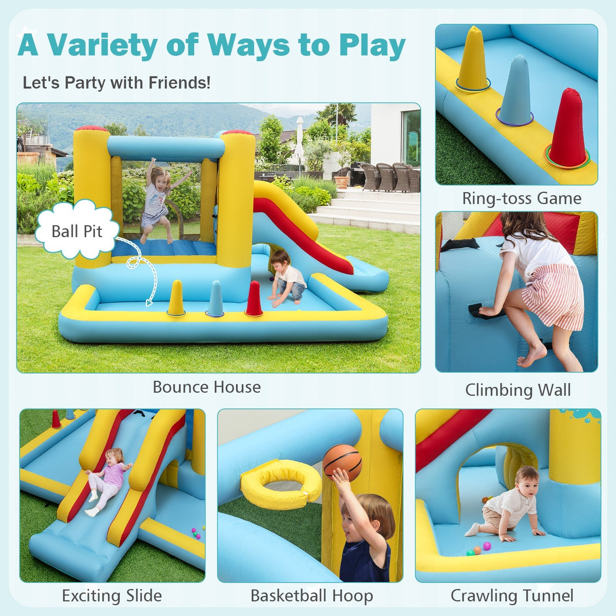 Inflatable Bounce House 7-in-1 Bouncy Castle with Slide and Tunnel with 550W Blower Free