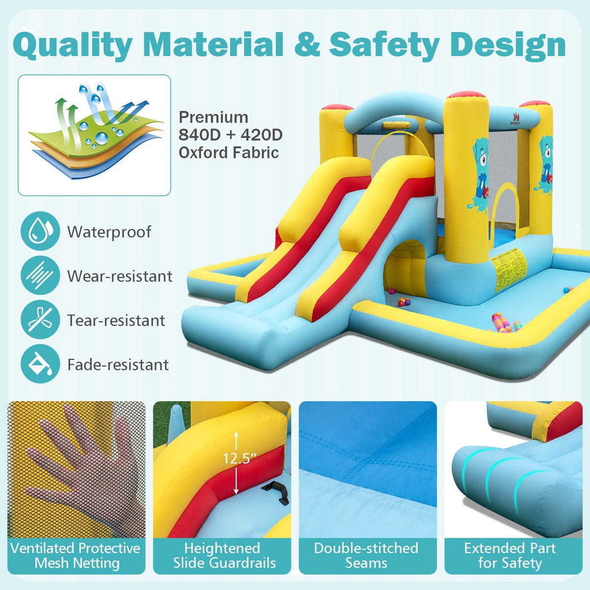 Inflatable Bounce House 7-in-1 Bouncy Castle with Slide and Tunnel with 550W Blower Free