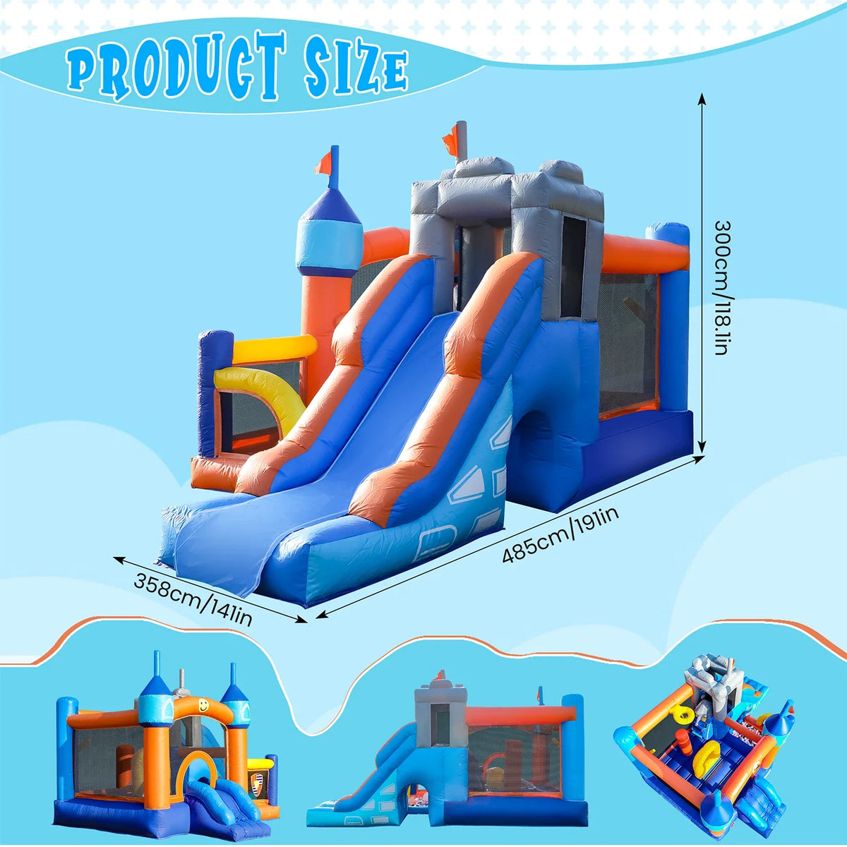 Kids Bouncy Castle House 16x11.7x10ft PVC Inflatable Bounce House With 2 Slides Tunnels Climbing, Basketball Hoops Ball Pit, Jum 735W Blower  Free