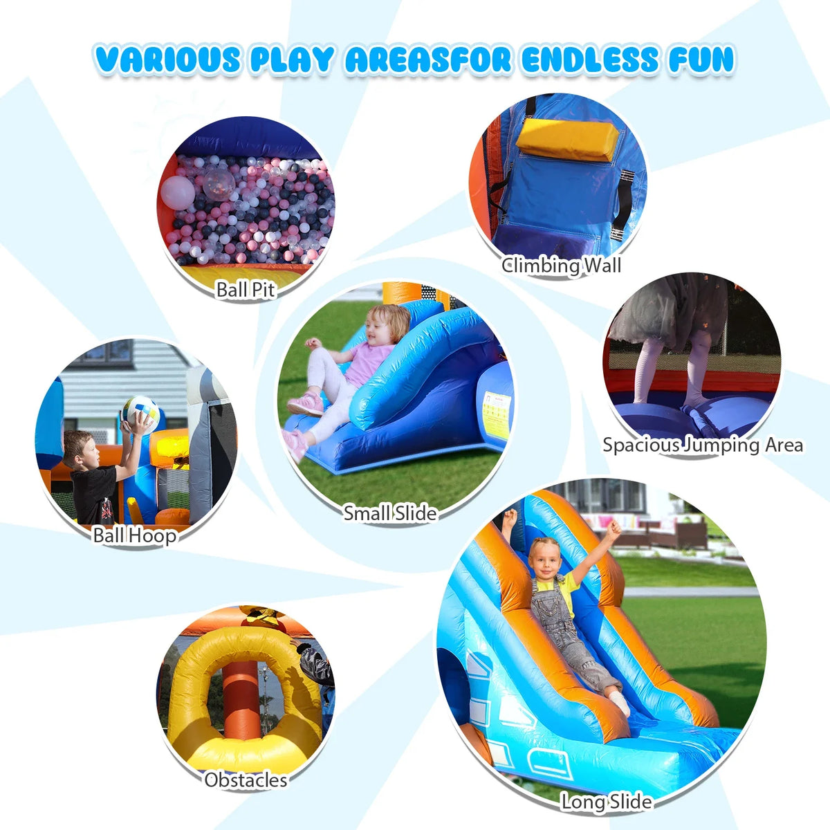 Kids Bouncy Castle House 16x11.7x10ft PVC Inflatable Bounce House With 2 Slides Tunnels Climbing, Basketball Hoops Ball Pit, Jum 735W Blower  Free