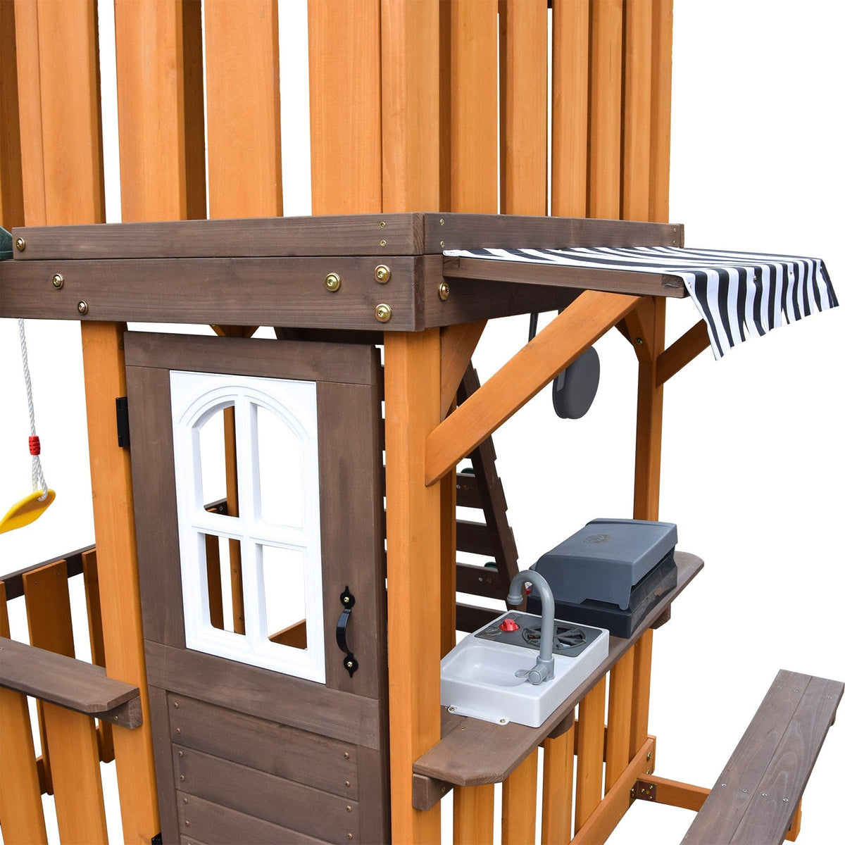 Cedar Wood Swing Set with Wave Slide, Play Kitchen, Rock Wall Ladder, Belt Swings, Toy Telescope, Steering Wheel, Tic-Tac-Toe, Balconies, Outdoor Playhouse Playground Set for Backyard Garden 735W Blower Included