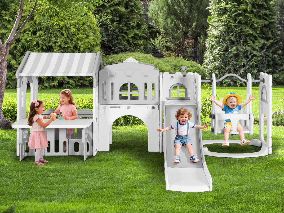10 in 1 Toddler Slide, Freestanding Kid Climber Slide Playset, Toddler Playhouse, Backyard Playground Toy for Age 1-3+ 735W Blower Included