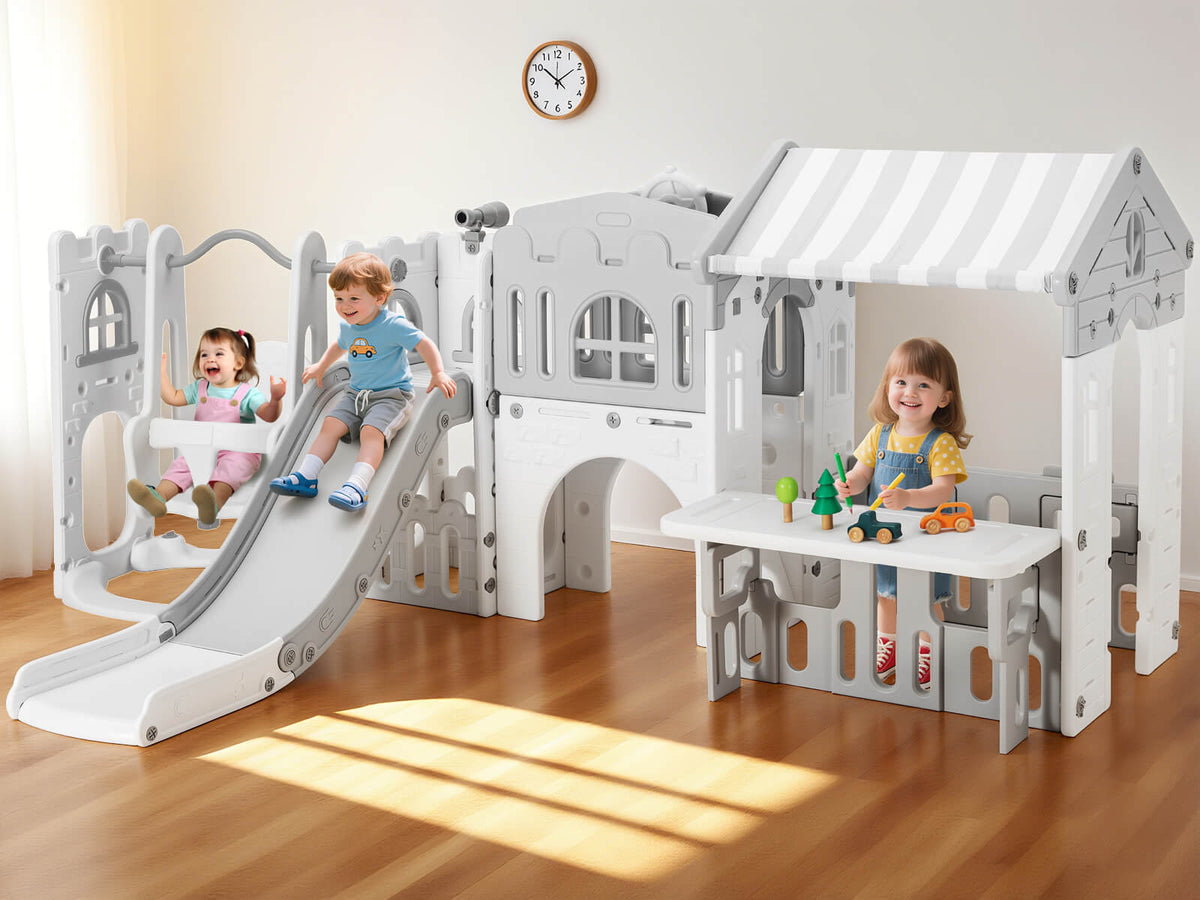 10 in 1 Toddler Slide, Freestanding Kid Climber Slide Playset, Toddler Playhouse, Backyard Playground Toy for Age 1-3+ 735W Blower Included