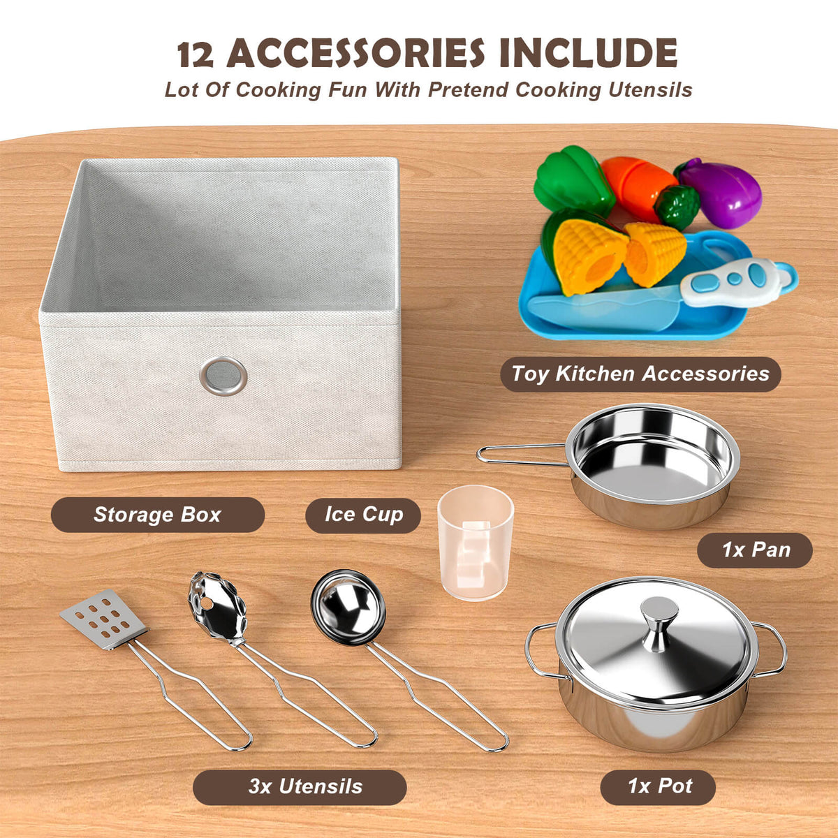 Kids Play Kitchen Set, Pretend Wooden Kid Kitchen Playset Toy Kitchen w/Sound and Light, Oven, Ice Maker, Blackboard & Toy Storage Box, Toddler Kitchen Accessories for Kids Ages 3+