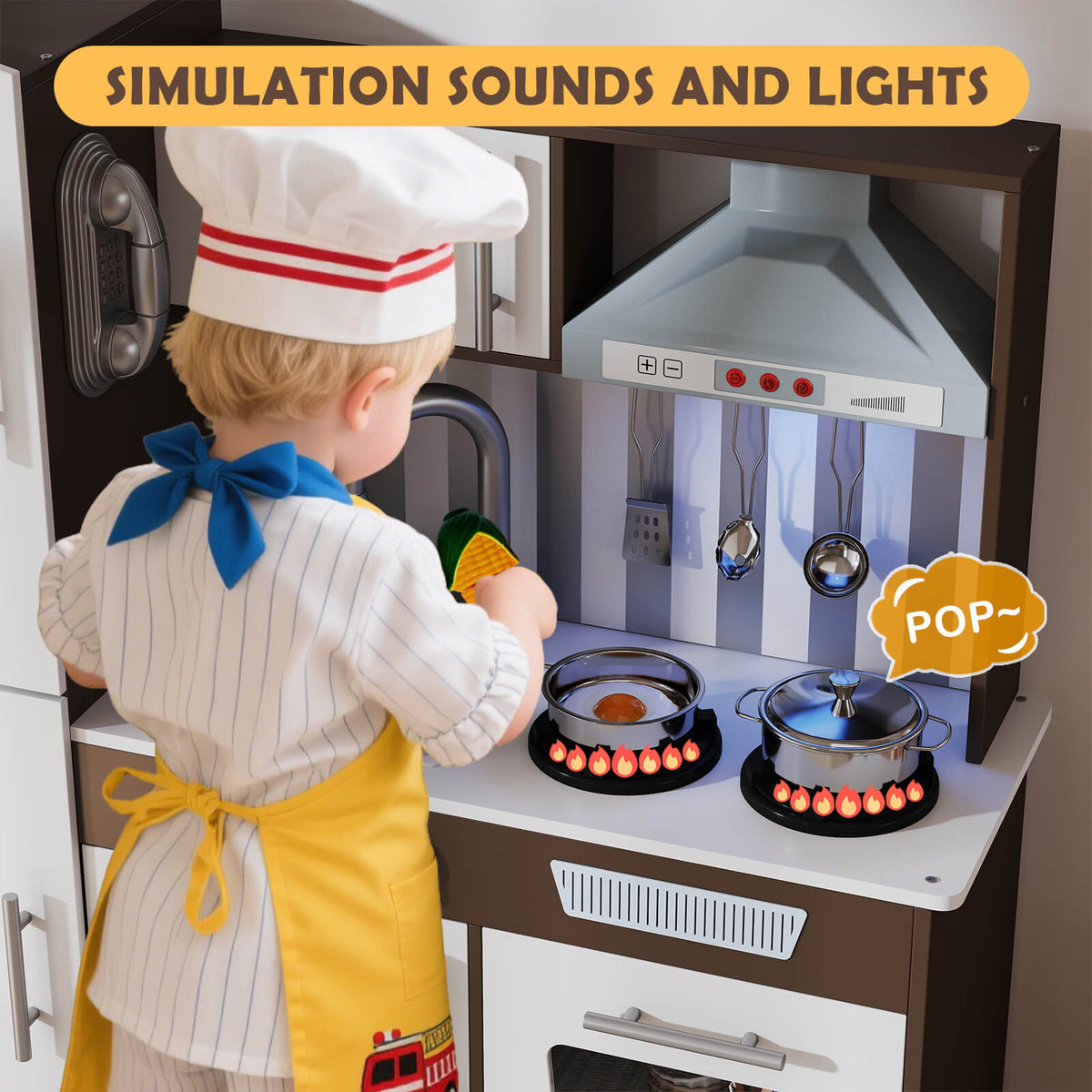 Kids Play Kitchen Set, Pretend Wooden Kid Kitchen Playset Toy Kitchen w/Sound and Light, Oven, Ice Maker, Blackboard & Toy Storage Box, Toddler Kitchen Accessories for Kids Ages 3+