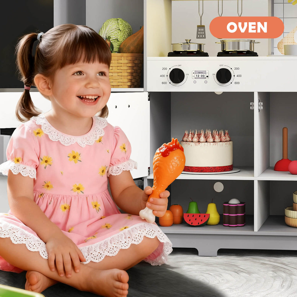 Kids Play Kitchen Set, Pretend Wooden Kid Kitchen Playset Toy Kitchen w/Sound and Light, Oven, Ice Maker, Blackboard & Recycling Bin, Toddler Kitchen for Kids Ages 3+