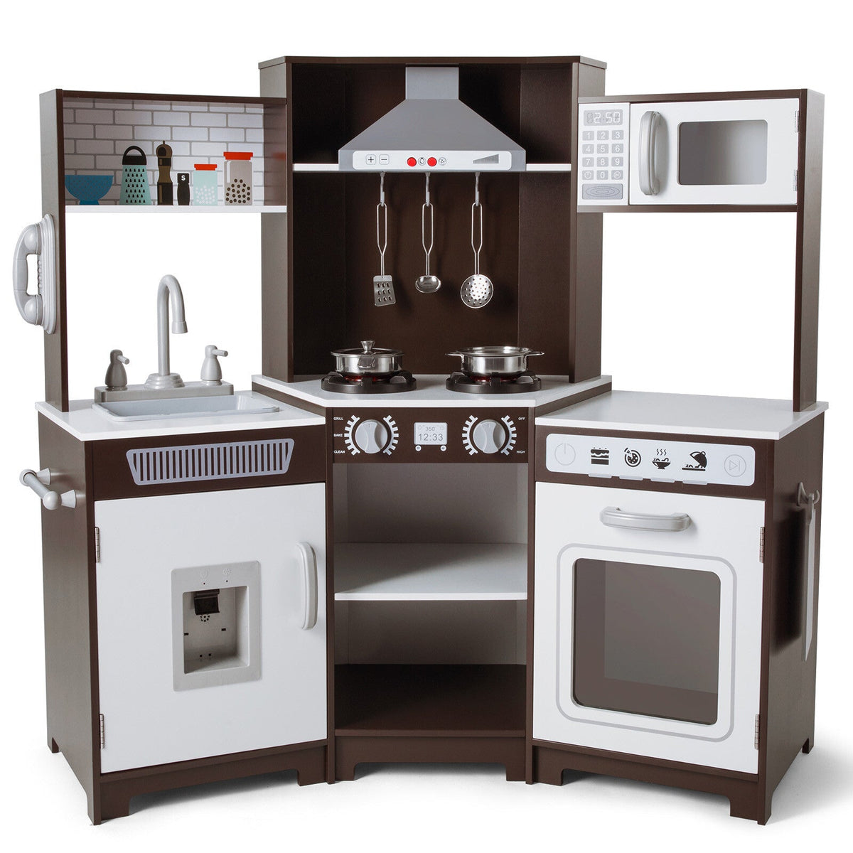 Kids Play Kitchen,Corner Wooden Pretend Toddler Kitchen Toys Playset with Realistic Lights & Sounds,Microwave Oven,Water Dispenser, Phone, Sink,Cooking Accessories, for Ages 3+