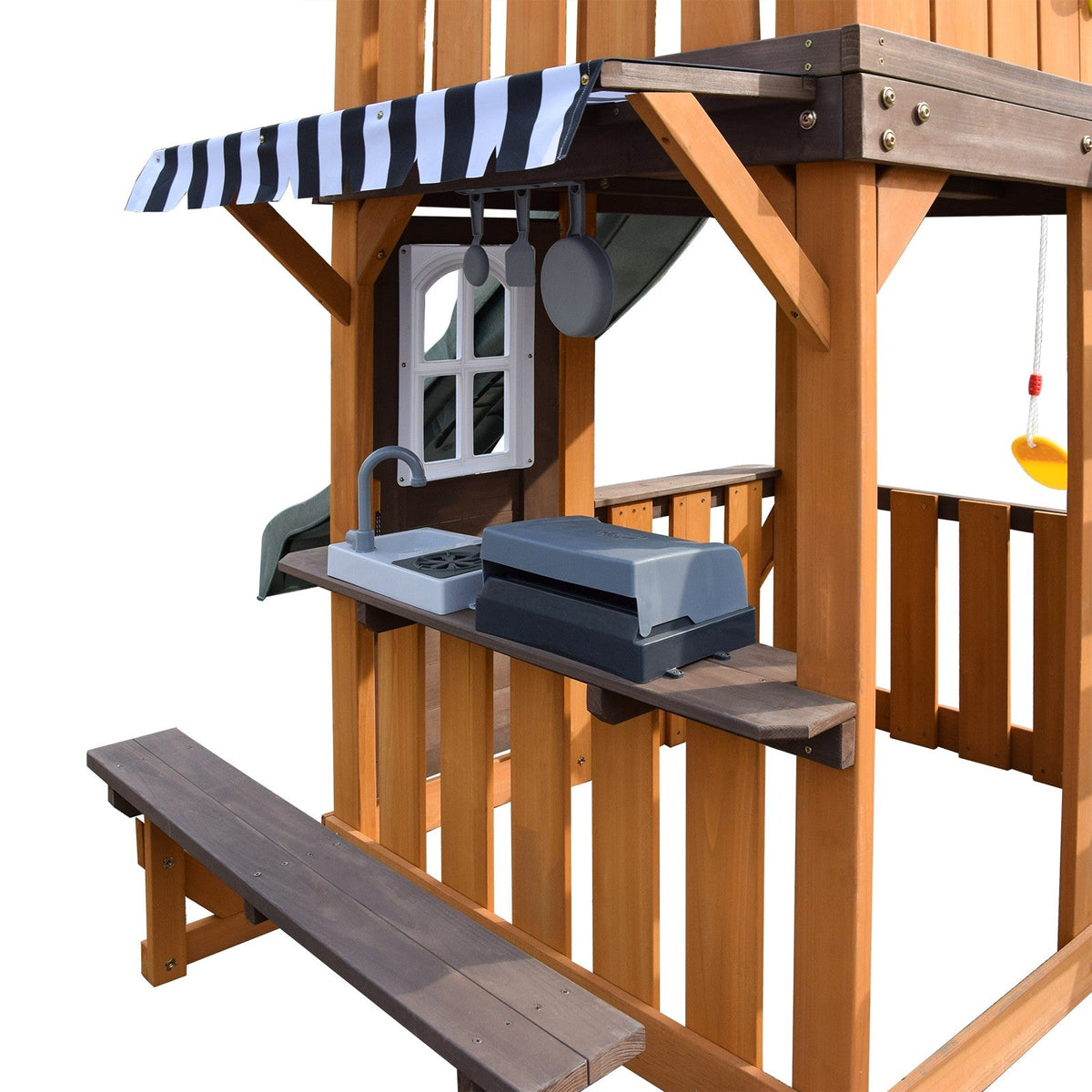 Cedar Wood Swing Set with Wave Slide, Play Kitchen, Rock Wall Ladder, Belt Swings, Toy Telescope, Steering Wheel, Tic-Tac-Toe, Balconies, Outdoor Playhouse Playground Set for Backyard Garden 735W Blower Included
