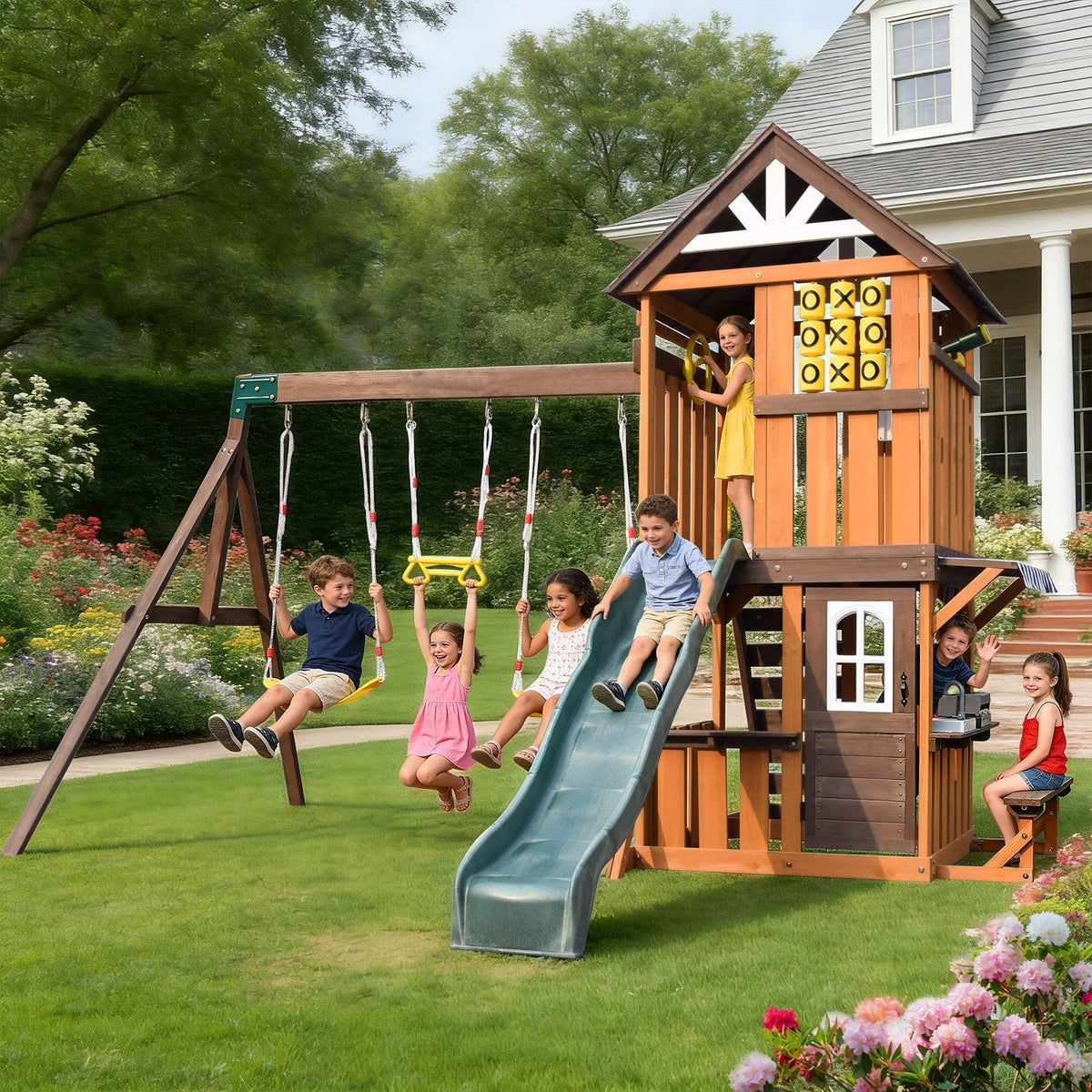 Cedar Wood Swing Set with Wave Slide, Play Kitchen, Rock Wall Ladder, Belt Swings, Toy Telescope, Steering Wheel, Tic-Tac-Toe, Balconies, Outdoor Playhouse Playground Set for Backyard Garden 735W Blower Included