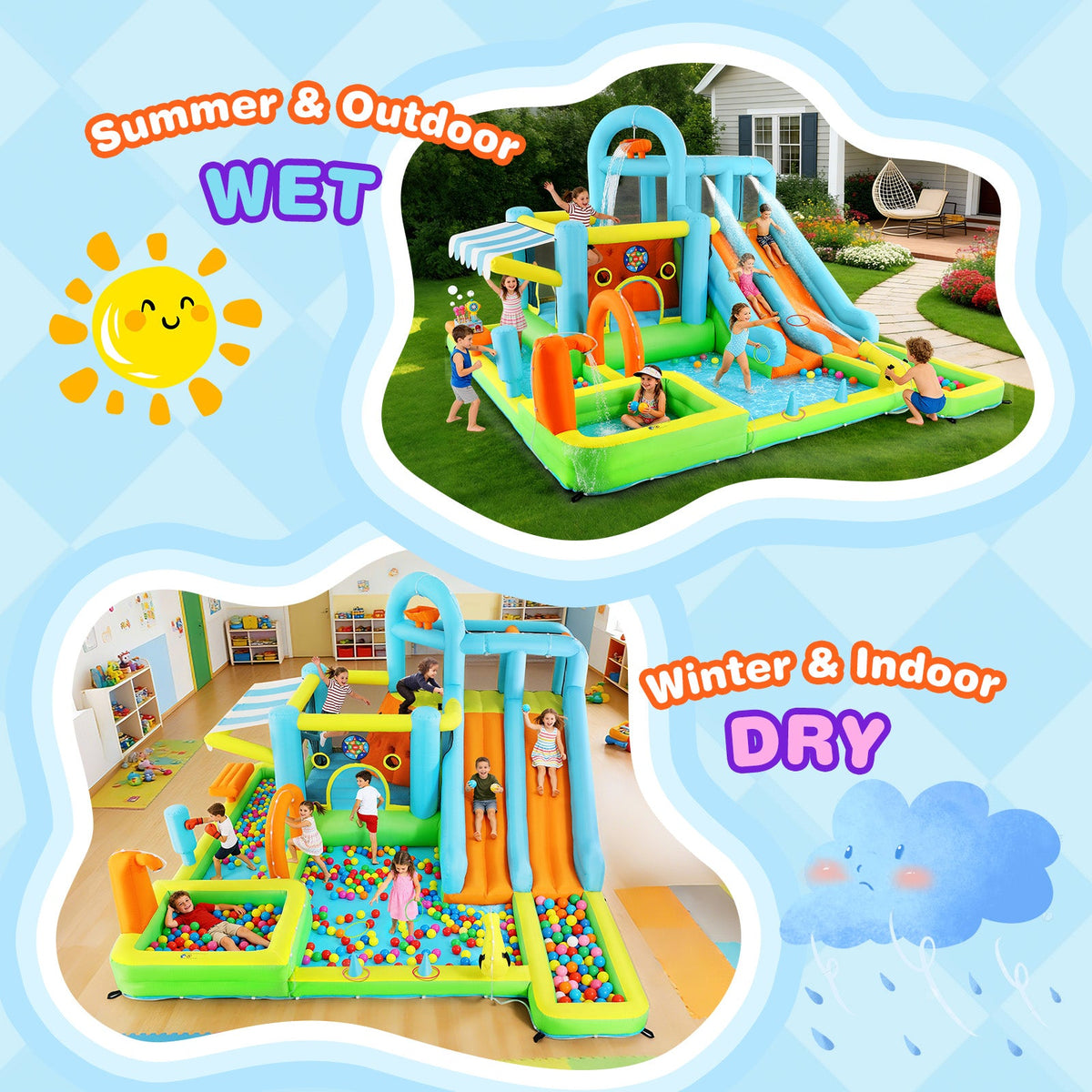 Inflatable Water Slide Bounce House for Kids, Luxury Heavy Duty Blow Up Water Park with Double Slides, Climbing Wall, Splash Pool and Sunshade Awning 735W Blower Included