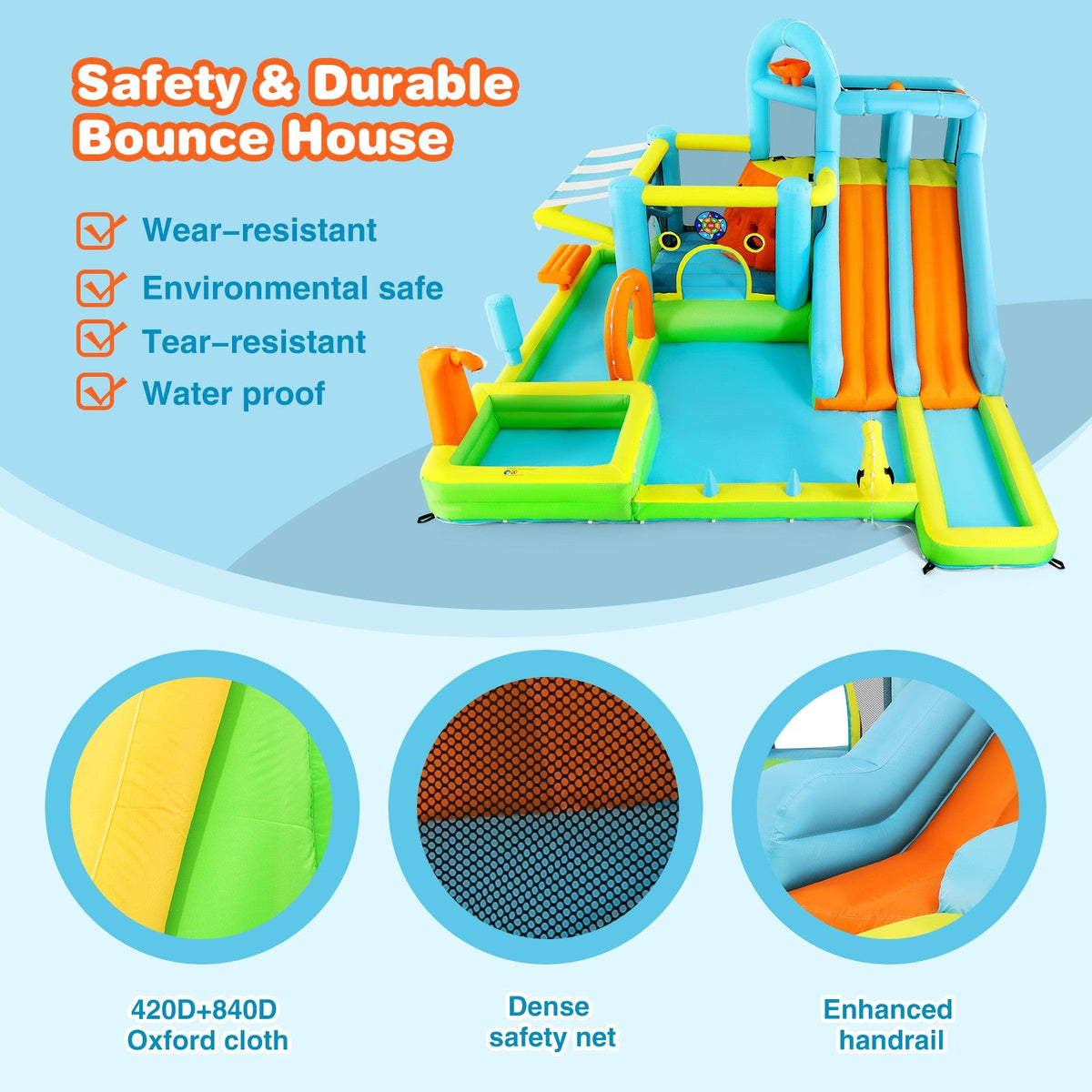 Inflatable Water Slide Bounce House for Kids, Luxury Heavy Duty Blow Up Water Park with Double Slides, Climbing Wall, Splash Pool and Sunshade Awning 735W Blower Included