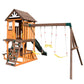 Cedar Wood Swing Set with Wave Slide, Play Kitchen, Rock Wall Ladder, Belt Swings, Toy Telescope, Steering Wheel, Tic-Tac-Toe, Balconies, Outdoor Playhouse Playground Set for Backyard Garden 735W Blower Included
