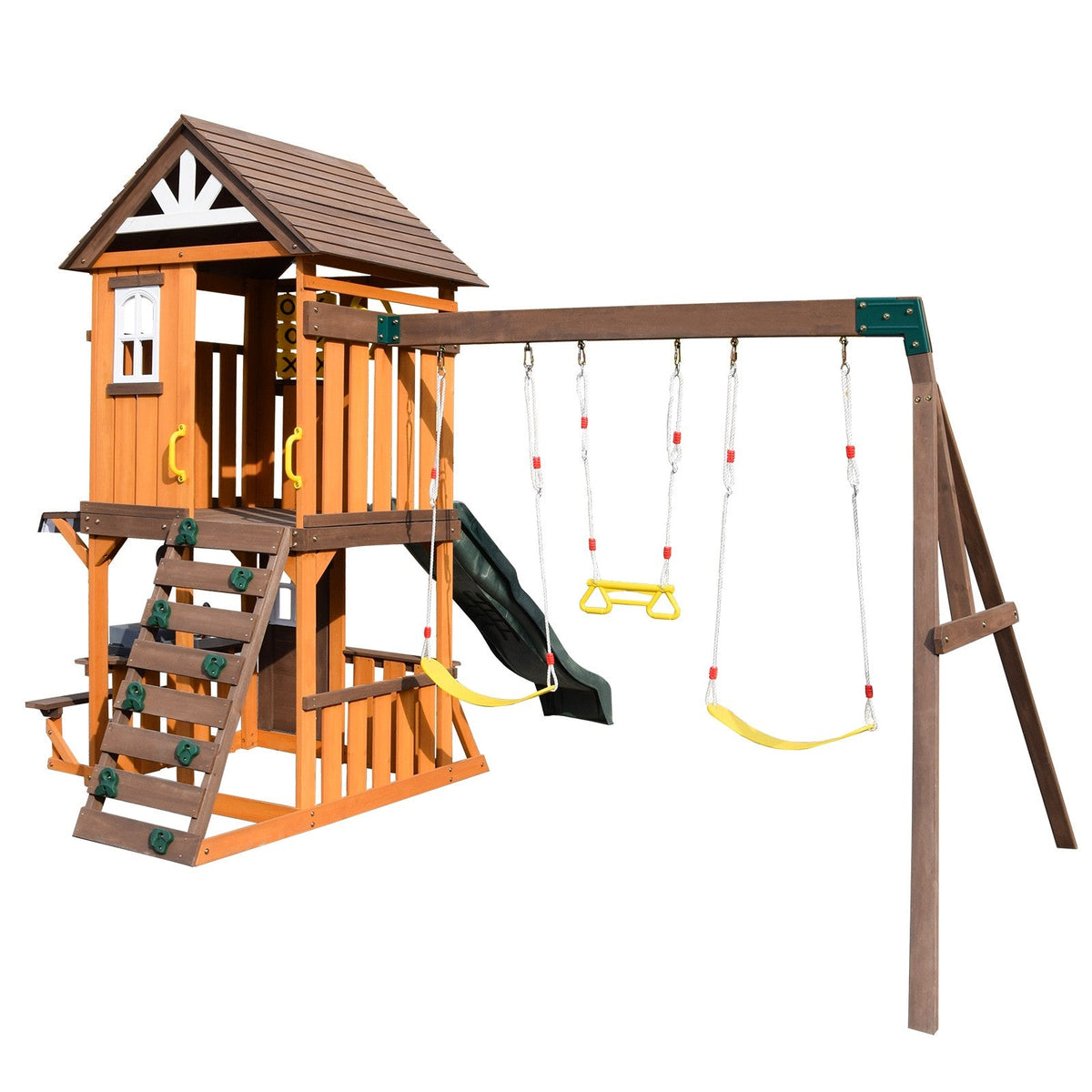 Cedar Wood Swing Set with Wave Slide, Play Kitchen, Rock Wall Ladder, Belt Swings, Toy Telescope, Steering Wheel, Tic-Tac-Toe, Balconies, Outdoor Playhouse Playground Set for Backyard Garden 735W Blower Included