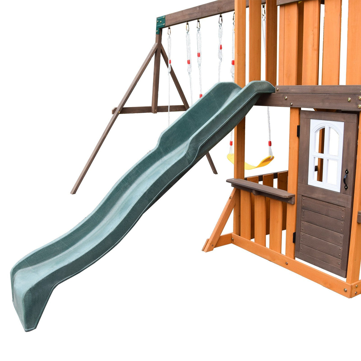 Cedar Wood Swing Set with Wave Slide, Play Kitchen, Rock Wall Ladder, Belt Swings, Toy Telescope, Steering Wheel, Tic-Tac-Toe, Balconies, Outdoor Playhouse Playground Set for Backyard Garden 735W Blower Included