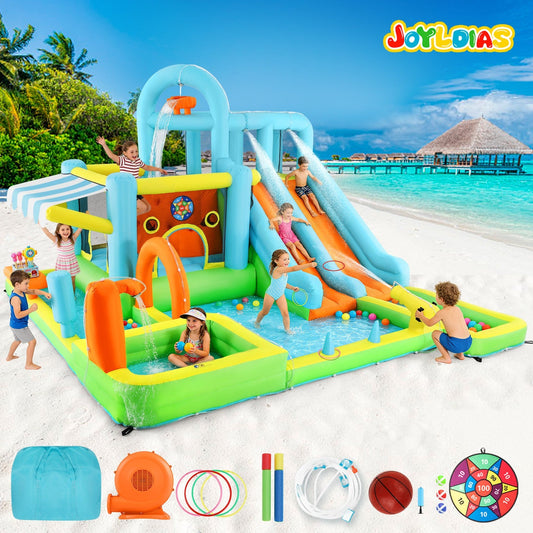 Inflatable Water Slide Bounce House for Kids, Luxury Heavy Duty Blow Up Water Park with Double Slides, Climbing Wall, Splash Pool and Sunshade Awning 735W Blower Included