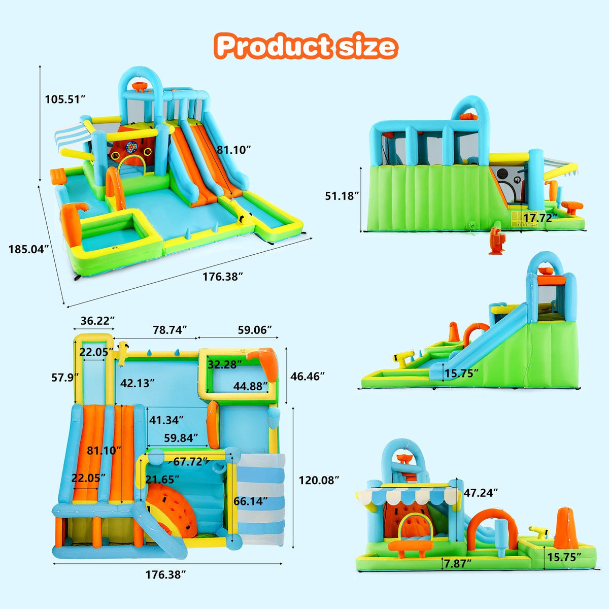 Inflatable Water Slide Bounce House for Kids, Luxury Heavy Duty Blow Up Water Park with Double Slides, Climbing Wall, Splash Pool and Sunshade Awning 735W Blower Included