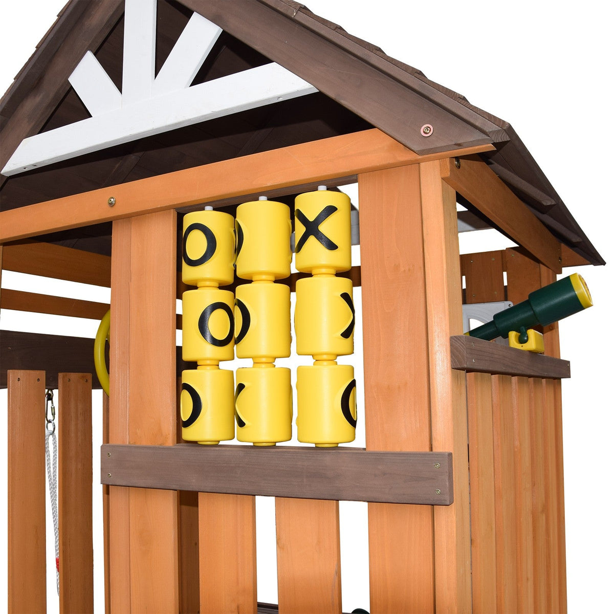Cedar Wood Swing Set with Wave Slide, Play Kitchen, Rock Wall Ladder, Belt Swings, Toy Telescope, Steering Wheel, Tic-Tac-Toe, Balconies, Outdoor Playhouse Playground Set for Backyard Garden 735W Blower Included