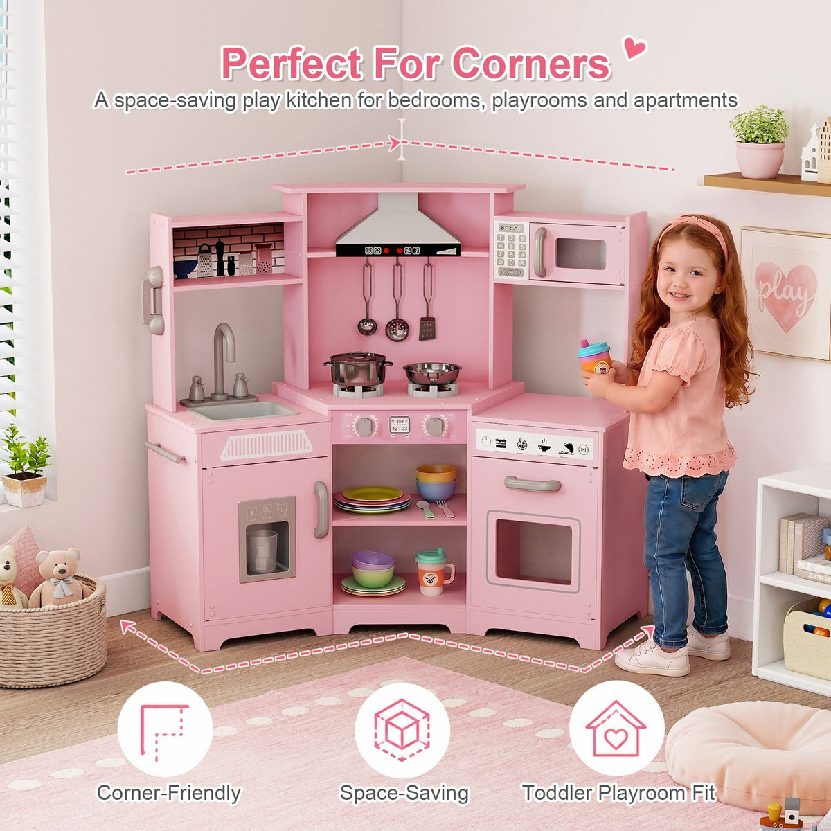 Kids Play Kitchen,Corner Wooden Pretend Toddler Kitchen Toys Playset with Realistic Lights & Sounds,Microwave Oven,Water Dispenser, Phone, Sink,Cooking Accessories, for Ages 3+
