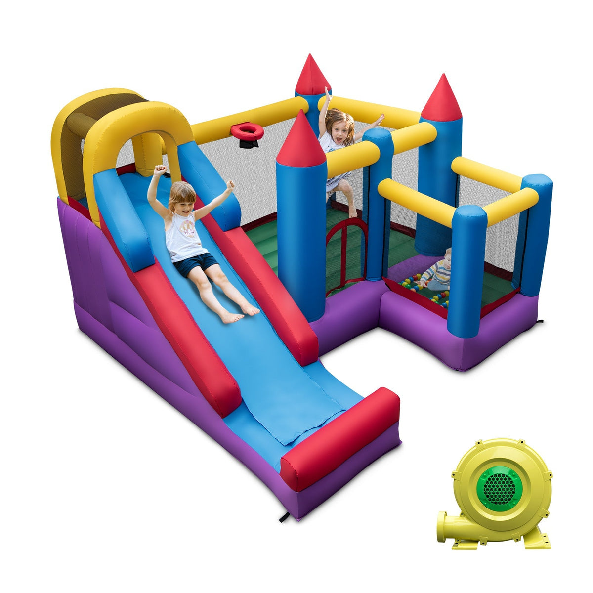 5-in-1 Inflatable Bounce House with 735W Blower and 50 Ocean Balls Free