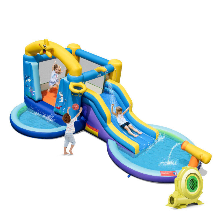 Inflatable Ocean-Themed Bounce House with 680W Blower and 2 Pools 735W Blower  Free