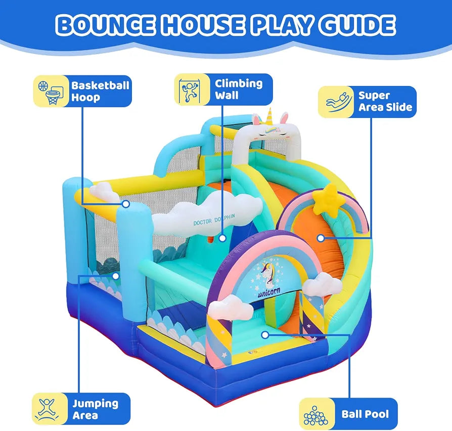 Doctor Dolphin Inflatable Bounce House, Unicorn Bounce House with Slide, Inflatable Bouncy House with Ball Pits, Jump Bouncer for Kids Age 4-8, Bouncing House with Basketball Hoop for Backyard pump is also including Free