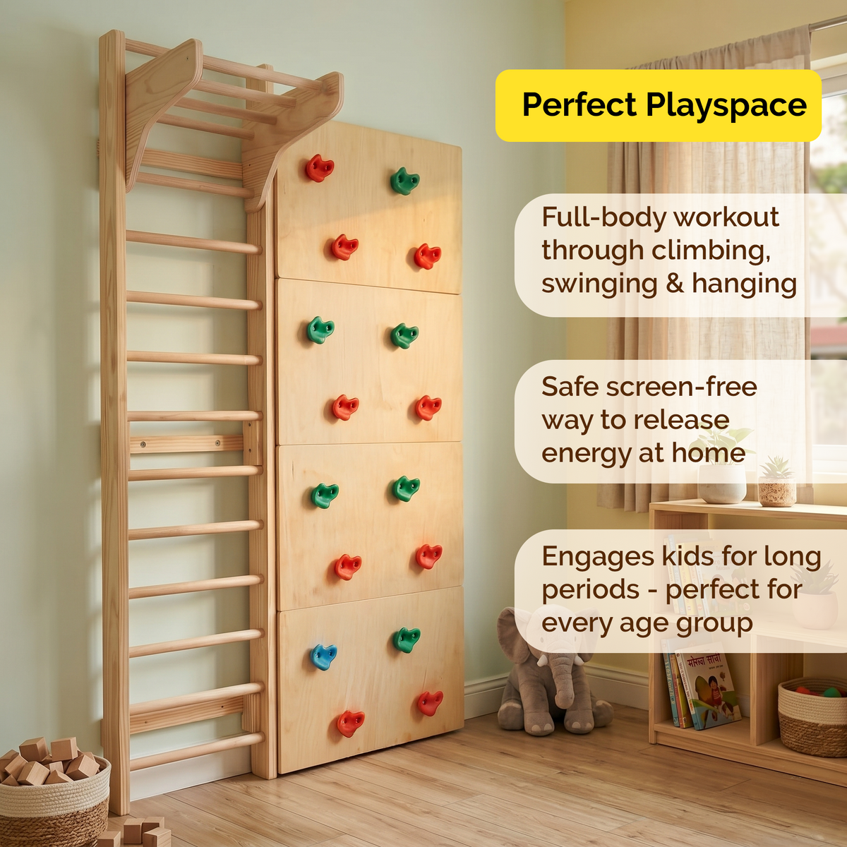 Modular Wooden Indoor Play Gym for Kids – Wall Mounted (3+ Years)